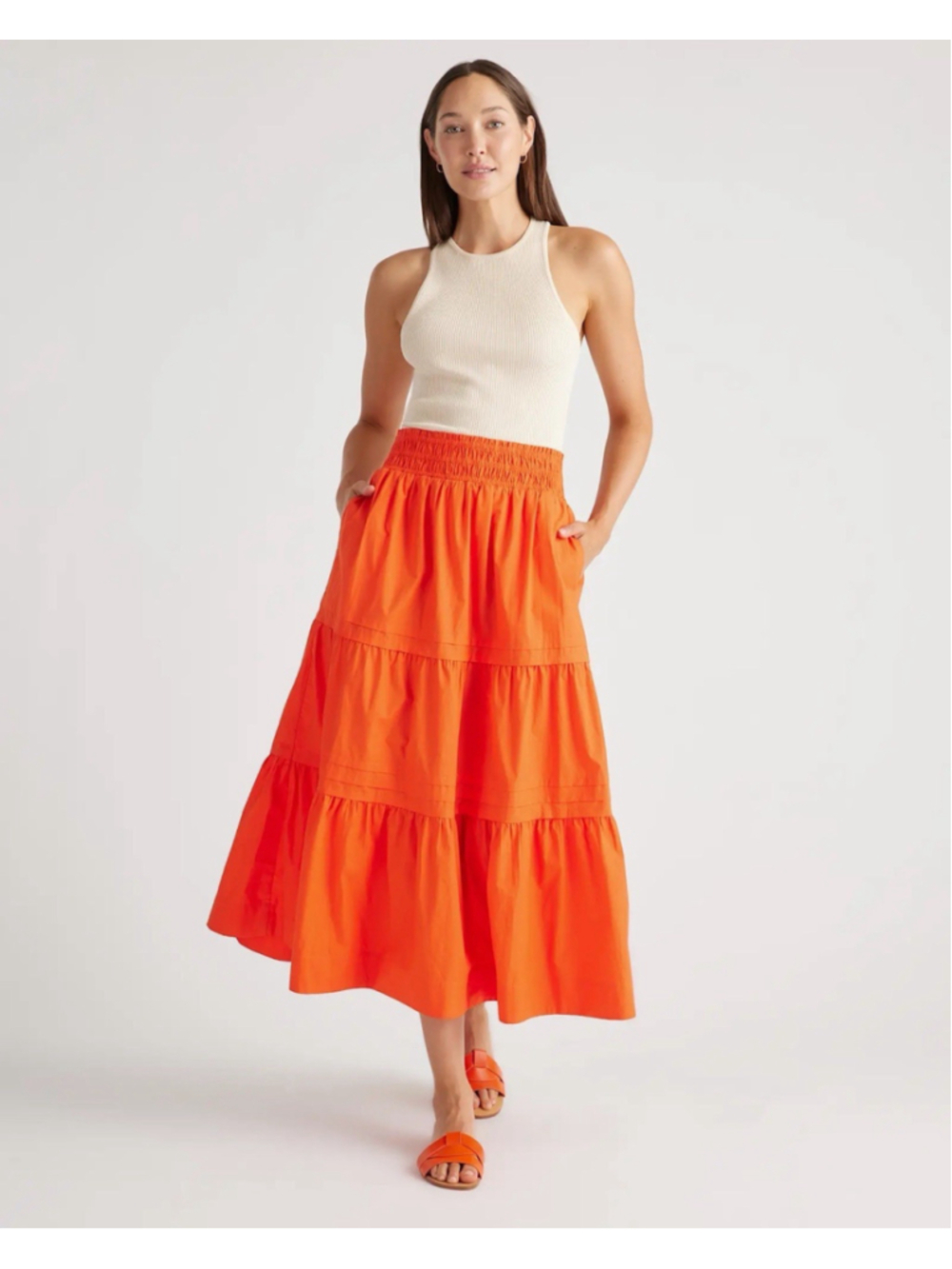 Quince S 100% Organic Cotton Poplin Tiered Maxi Skirt Vermillion Red Pockets EUC